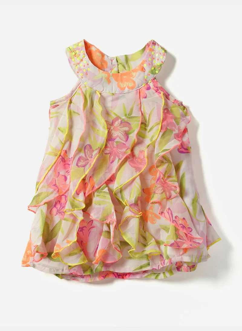 نوتيناتي فستان بناتي جورجيت بطبعات زهور كاملة وكشكشة وخط  مع ترتر متعدد الألوان على الرقبة